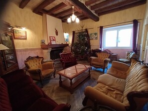 TV, fireplace, table football, books