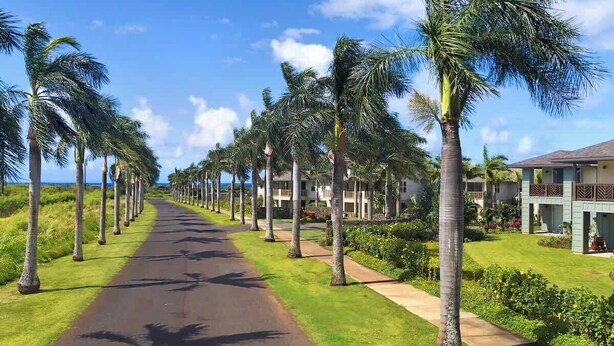 A pathway lined with palm trees leading to a building with a flat roof and balconies. - Pili Mai 3L Newly Upgraded 3 Bedroom Suite in Poipu - AC, Pool & Fitness Center (Koloa)