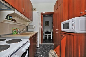 Frigorífico, microondas, horno y placa de cocina