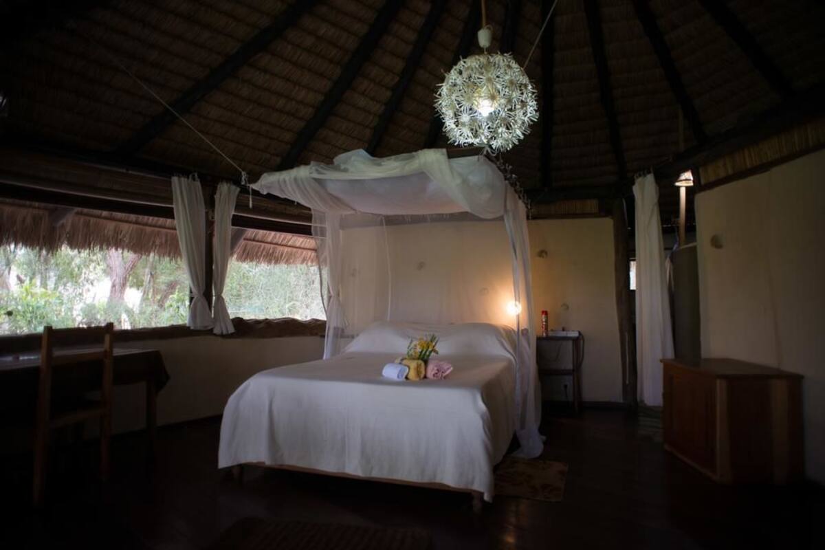 A bedroom with a canopy bed, a bedside table, a lamp, and a view of the outdoors.