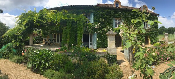 Une maison avec un toit circulaire, des murs recouverts de lierre et un jardin où poussent différentes plantes et fleurs.