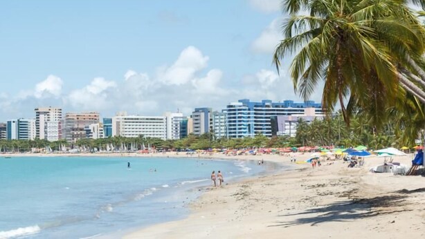 A beach with a city skyline in the background, palm trees, and beach umbrellas. - Apartamento Jatiúca  Renovatio (Maceió)