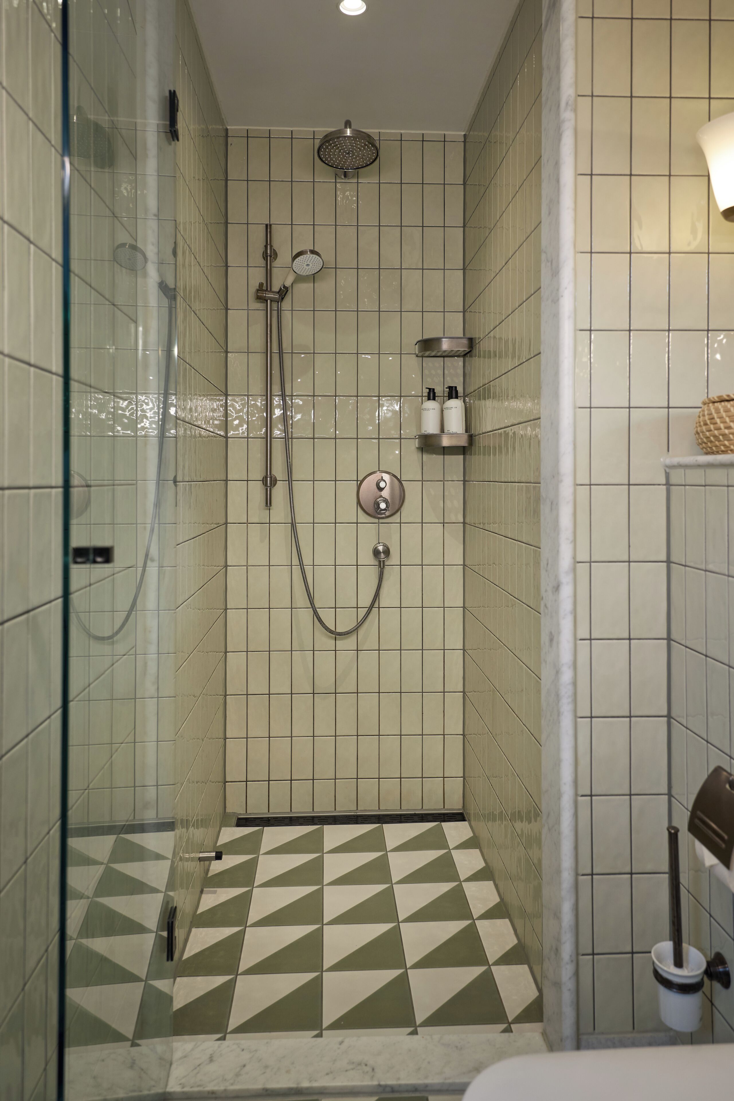 Une douche équipée d’un pommeau de douche à effet pluie, d’un pommeau de douche à main et d’une brosse à main.