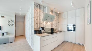 Apartment (157) | Eigene Kochnische | Kühlschrank, Herdplatte, Wasserkocher, Kochgeschirr/Geschirr/Besteck