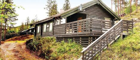 A rustic cabin with a wooden staircase leading to a porch, surrounded by dense forest.