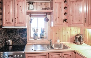 Fridge, stovetop, dishwasher, coffee/tea maker