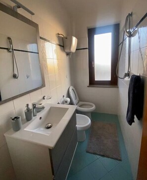 Chuveiro, secador de cabelo, bidê, toalhas de banho