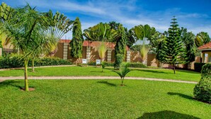 A well-maintained courtyard with a variety of tropical plants, a clear sky, and a building with a red roof in the background.