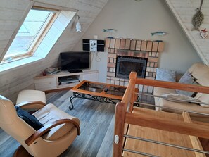 Télévision, cheminée, lecteur de DVD, chaîne hi-fi