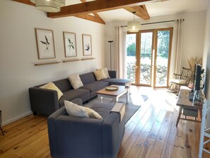 Una televisión, una chimenea, un reproductor de DVD