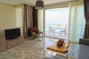 Een 42-inch lcd-televisie met satellietzenders en een televisie