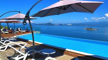 Seasonal outdoor pool, pool umbrellas, pool loungers