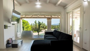 Un salon avec un canapé noir, un téléviseur à écran plat et une vue sur un jardin agrémenté de cactus et d’arbres.