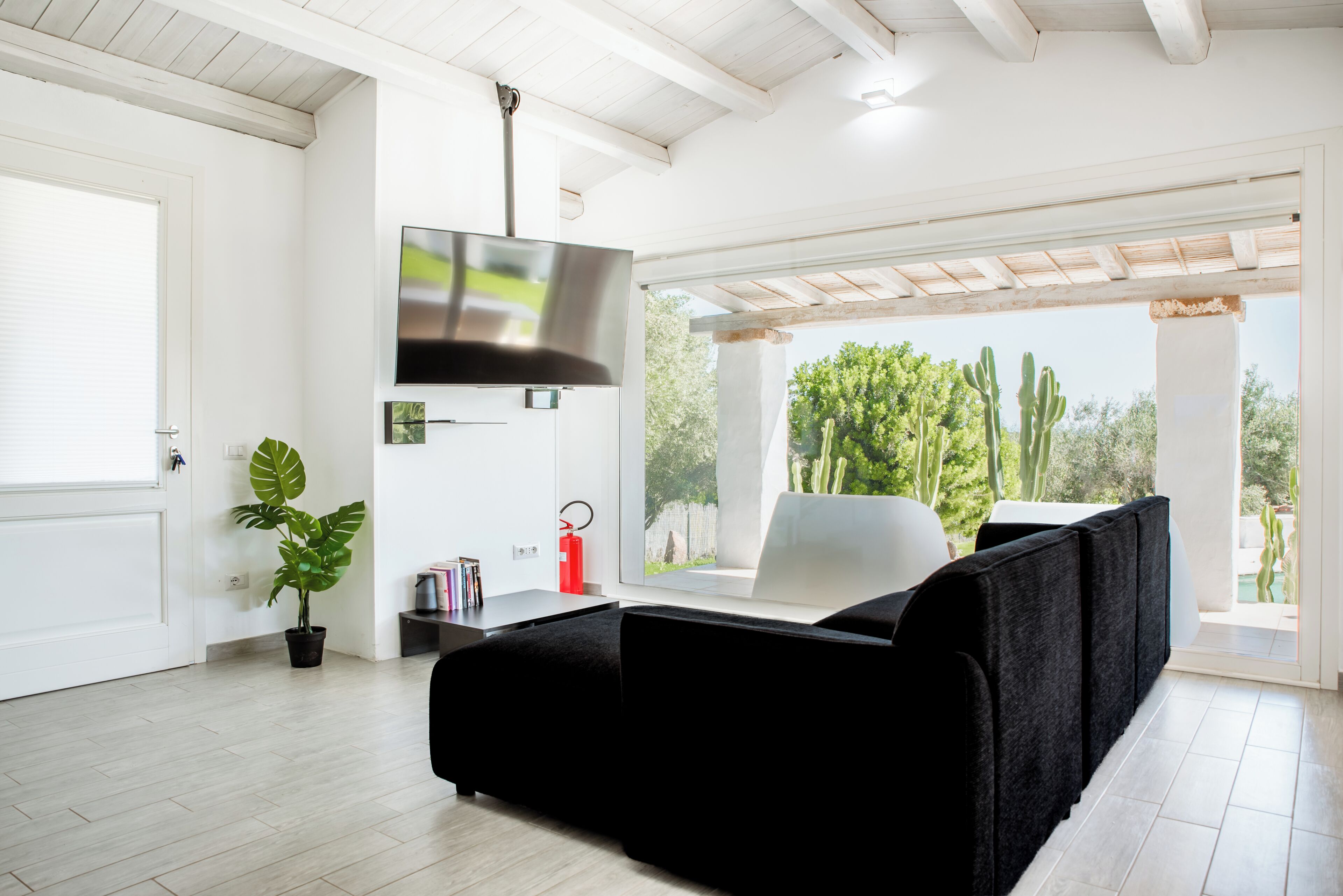 A modern living room with a black sofa, a flat-screen TV, a potted plant, and a view of a garden with cacti.