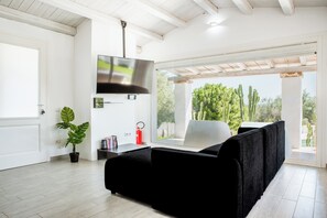 Un salon moderne avec un canapé noir, un téléviseur à écran plat, une plante en pot et une vue sur un jardin agrémenté de cactus.
