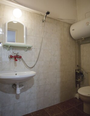 Hair dryer, towels, shampoo, toilet paper