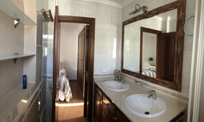 Bathtub, hair dryer, bidet, towels