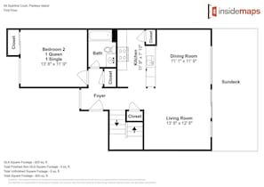 Plan d’étage d’un appartement situé au premier étage du 94, Spartina Court, à Pawleys Island, comprenant la chambre 2, une salle de bain, une cuisine, une salle à manger, un salon et des halls d’entrée.