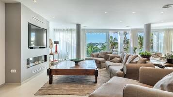 Een televisie, een open haard, een dvd-speler en een tafeltennistafel