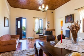 Televisión, chimenea y libros 