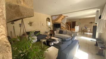 Smart TV, fireplace, table tennis, books