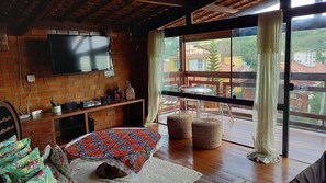 TV connectée, cheminée, lecteur de DVD, baby-foot