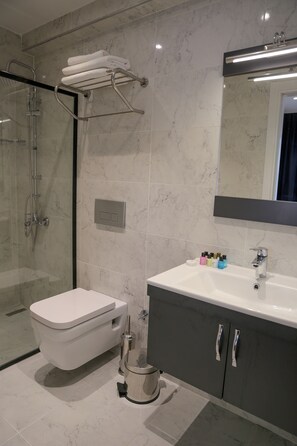 Shower, free toiletries, hair dryer, slippers