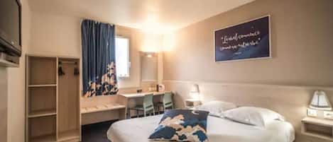 Desk, blackout drapes, soundproofing, iron/ironing board