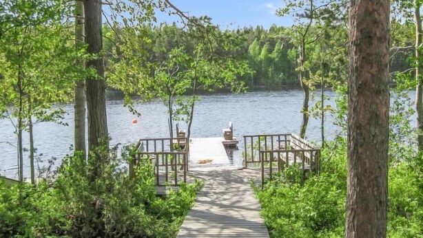 Une jetée en bois menant à un bateau amarré, le tout entouré d’une végétation luxuriante et d’arbres.