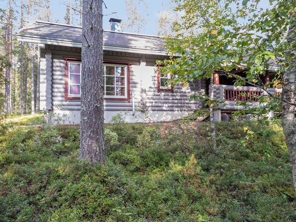 Une cabane en rondins dotée d’un porche, entourée d’une forêt dense.