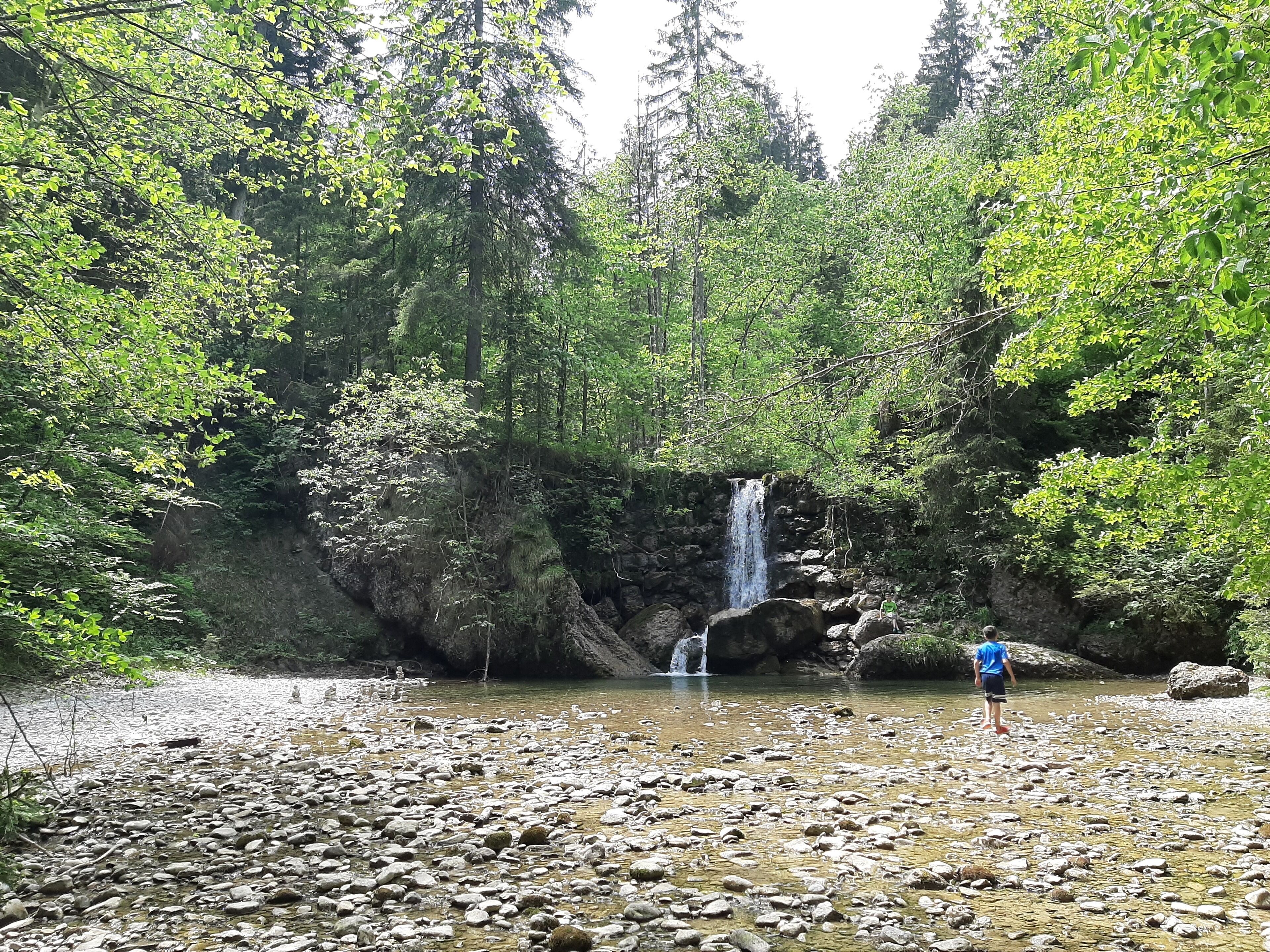 Paisagem natural com uma cascata, rodeada por vegetação verde exuberante e terreno rochoso.