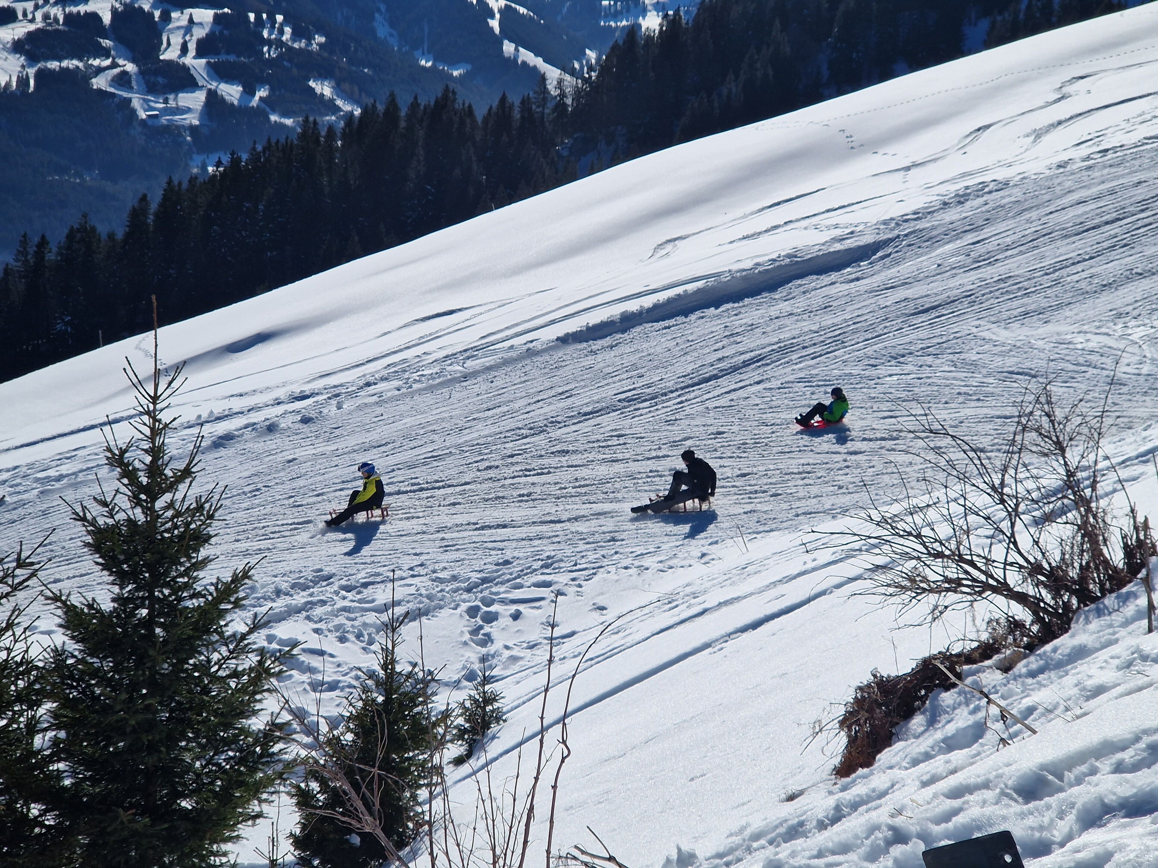 A snowy slope with three people sledding.