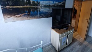 Una habitación con una televisión de pantalla plana grande montada en un mueble, una cama con cabecera azul y un cuadro colgado en la pared que muestra un lago, árboles y montañas.