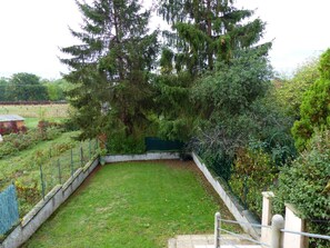 A fenced yard with a grassy area, a tall tree, and a small shed.