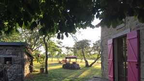 A rustic stone building with pink shutters, a gravel path, and a grassy area with trees. - Charming Renovated Farmhouse - Pets Welcome - Near Commentry (Beaune-d'Allier)