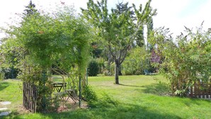 Un jardin agrémenté d’une pergola en bois, d’un banc et de divers arbres et arbustes.