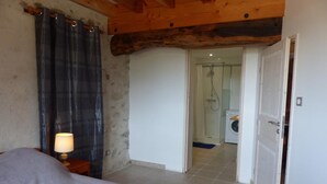 Un dormitorio con una cama, una mesita de noche, una lámpara, techo de madera y una puerta que da a un baño con ducha y lavadora.