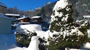 A snow-covered landscape with a wooden cabin and a snow-laden tree. - Nice 2 rooms for 2 to 4 people in quiet hamlet with superb view on Mont-Blanc (Chamonix-Mont-Blanc)
