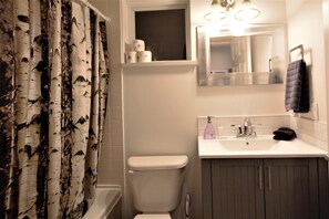 Un baño con inodoro, lavamanos y espejo.