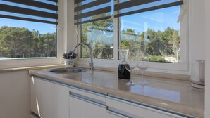 A kitchen with a sink, a wine glass, and a potted plant on the counter. - Secluded vacation home by the sea (Milna)