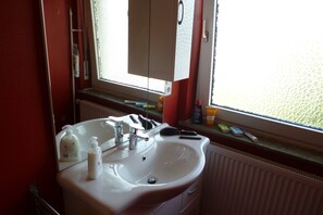 Combined shower/tub, hair dryer, towels, toilet paper