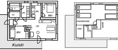 A floor plan with labeled rooms including a kitchen, bathroom, and living area.