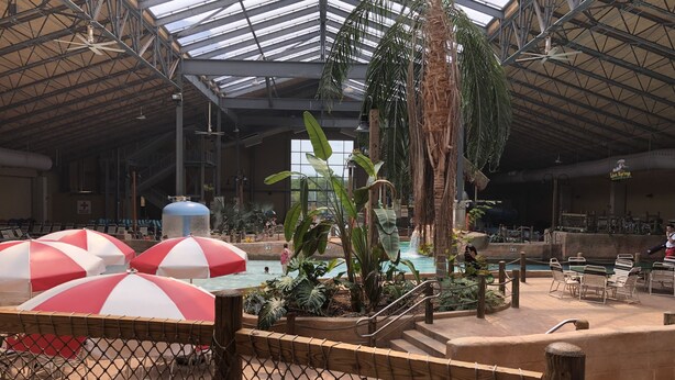 Ein Poolbereich im Innenbereich mit mehreren roten und weißen Sonnenschirmen, einer Palme und einer hohen Decke mit Oberlichtern.