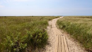 Un sendero arenoso que conduce a una playa, rodeado de hierba alta.