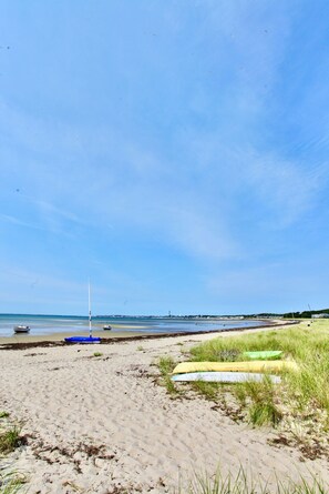 On the beach, sun loungers