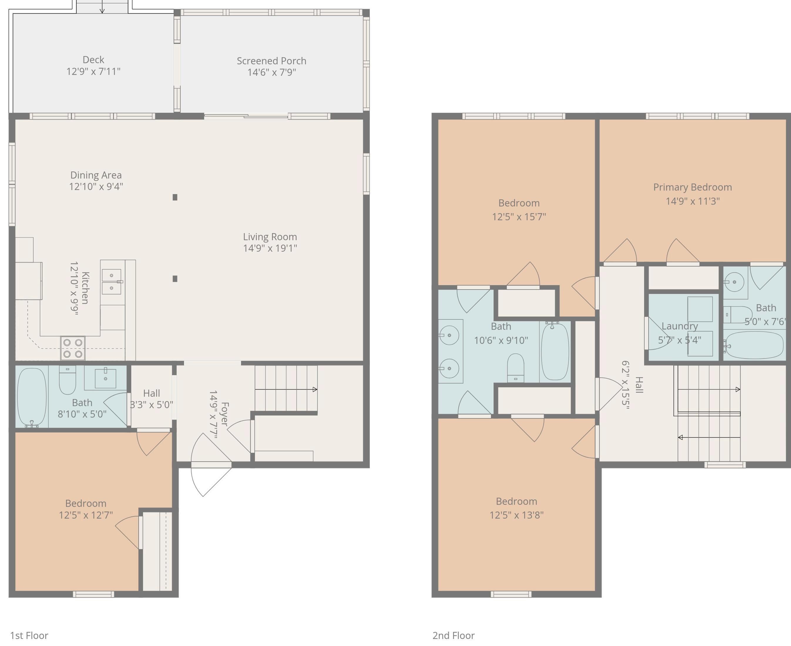 Plantegning fra 2. etage med en indelukket veranda, spiseplads, opholdsstue, køkken, gang og to sovev ærelser.