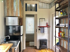 Fridge, microwave, coffee/tea maker, electric kettle