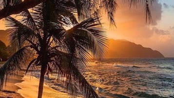 On the beach, sun-loungers, beach towels