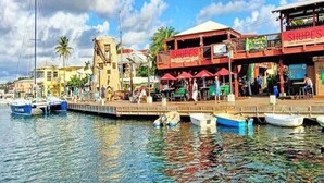 Una zona ribereña con barcos amarrados, un muelle y edificios con terrazas al aire libre.