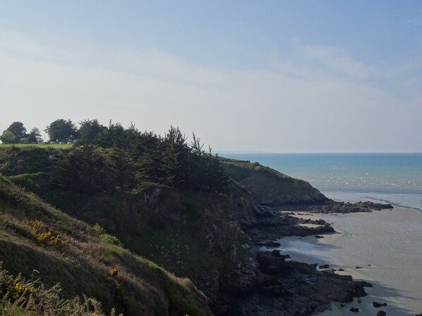 A coastal landscape with a rocky shoreline, grassy cliffs, and a clear view of the sea. - Single storey house with sea view, for 5 people (Hillion)